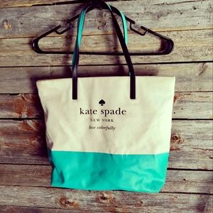 kate spade canvas tote bag teal, black & cream